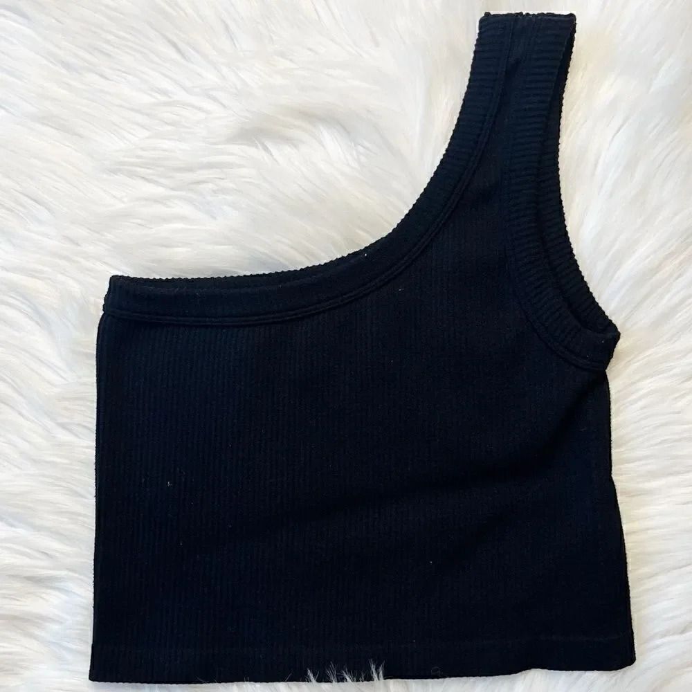 ANWND One Shoulder Ribbed Crop Top Black Size Small